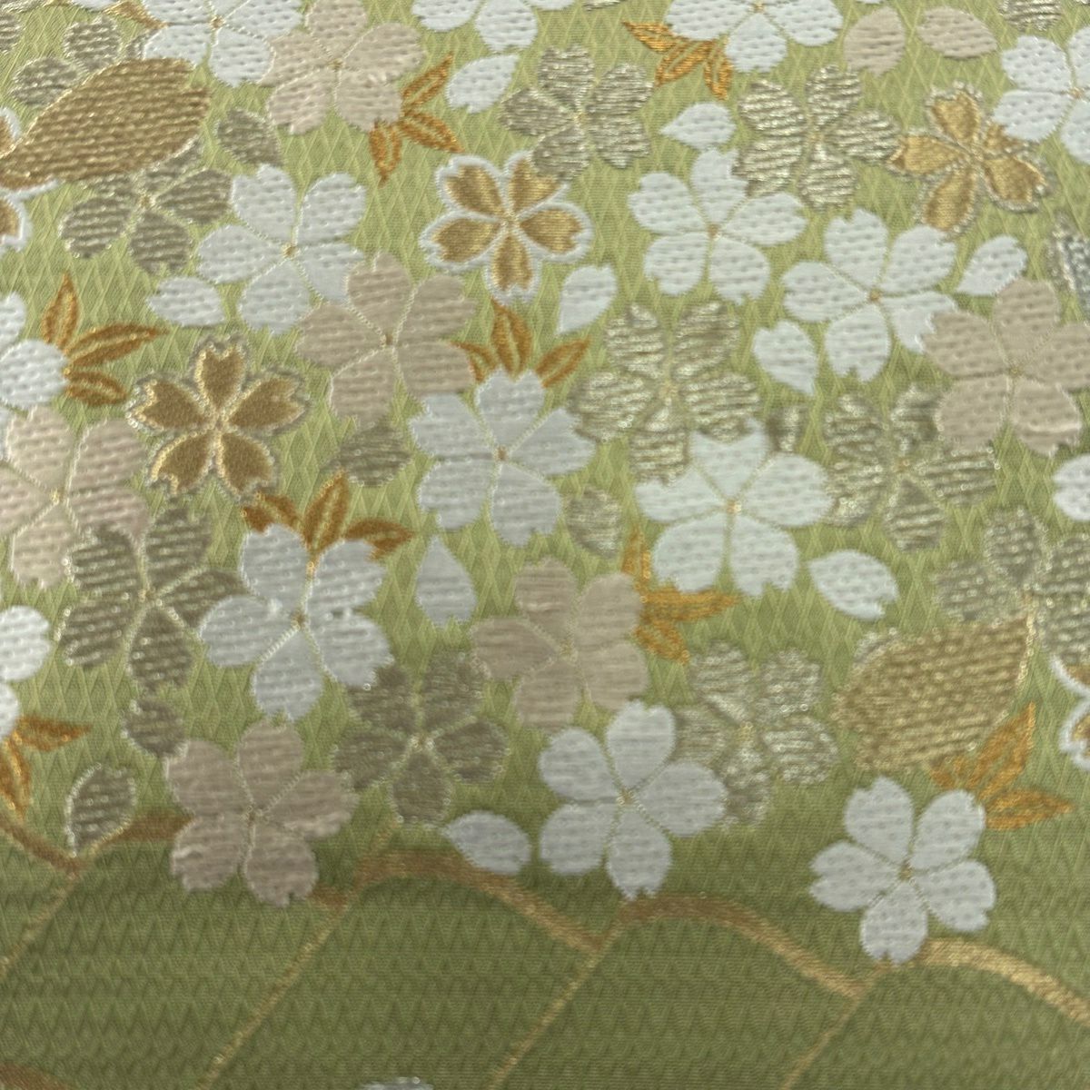 【美品】 袋帶 名品級 花井幸子 落款あり 樱花 花瓣 金銀線 鶯色 大鼓圖案 純蠶絲