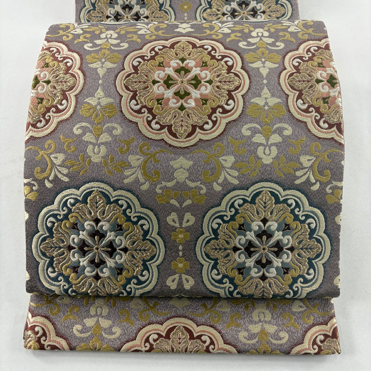 【美品】 袋帶 名品級 華紋 金絲 淺紫 六通 純蠶絲