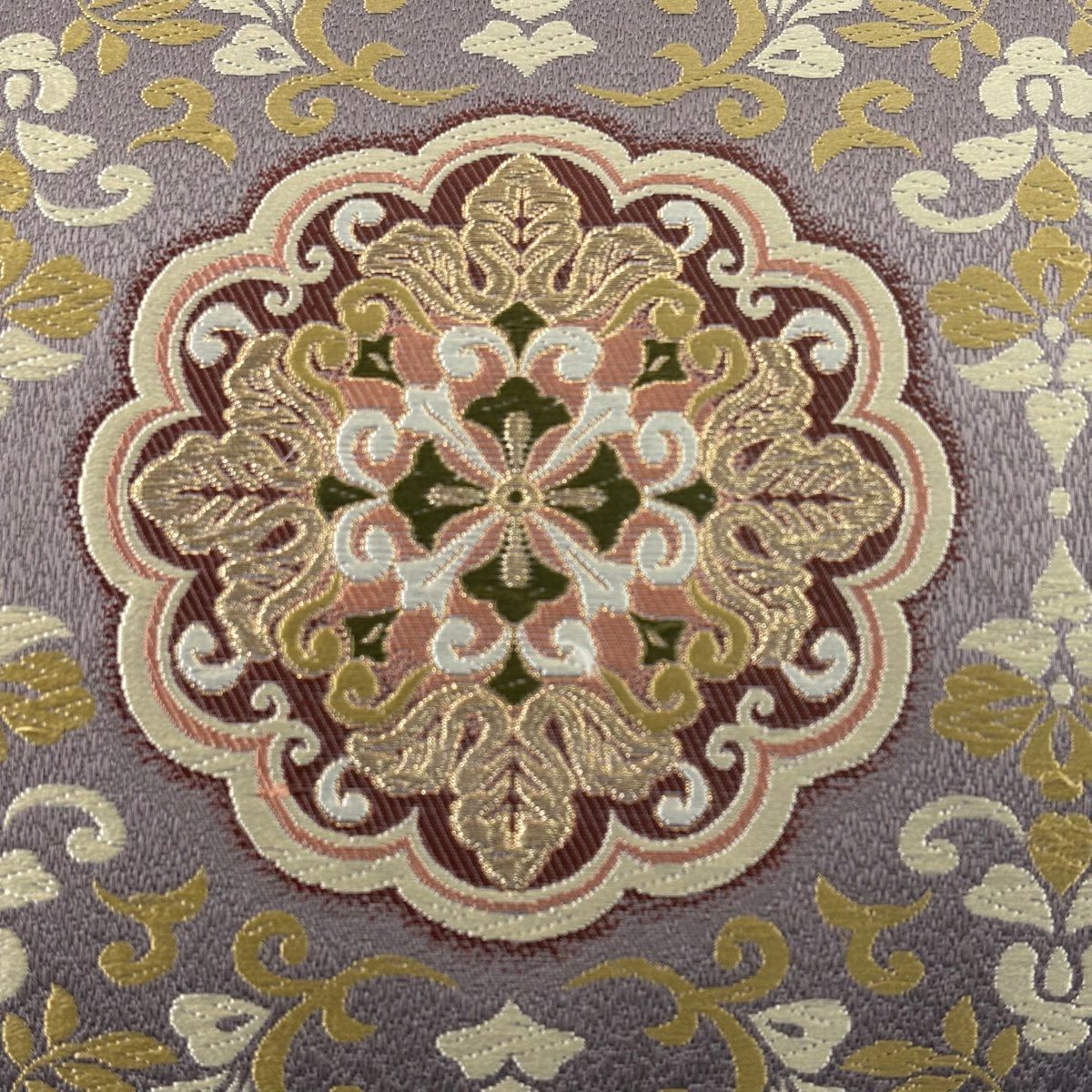 【美品】 袋帶 名品級 華紋 金絲 淺紫 六通 純蠶絲