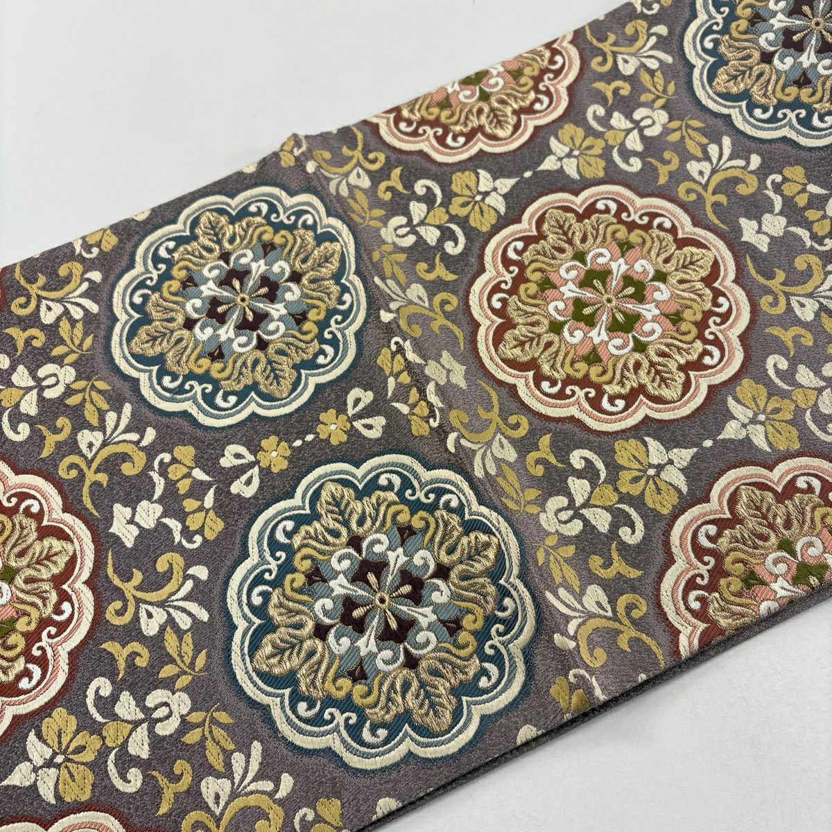 【美品】 袋帶 名品級 華紋 金絲 淺紫 六通 純蠶絲