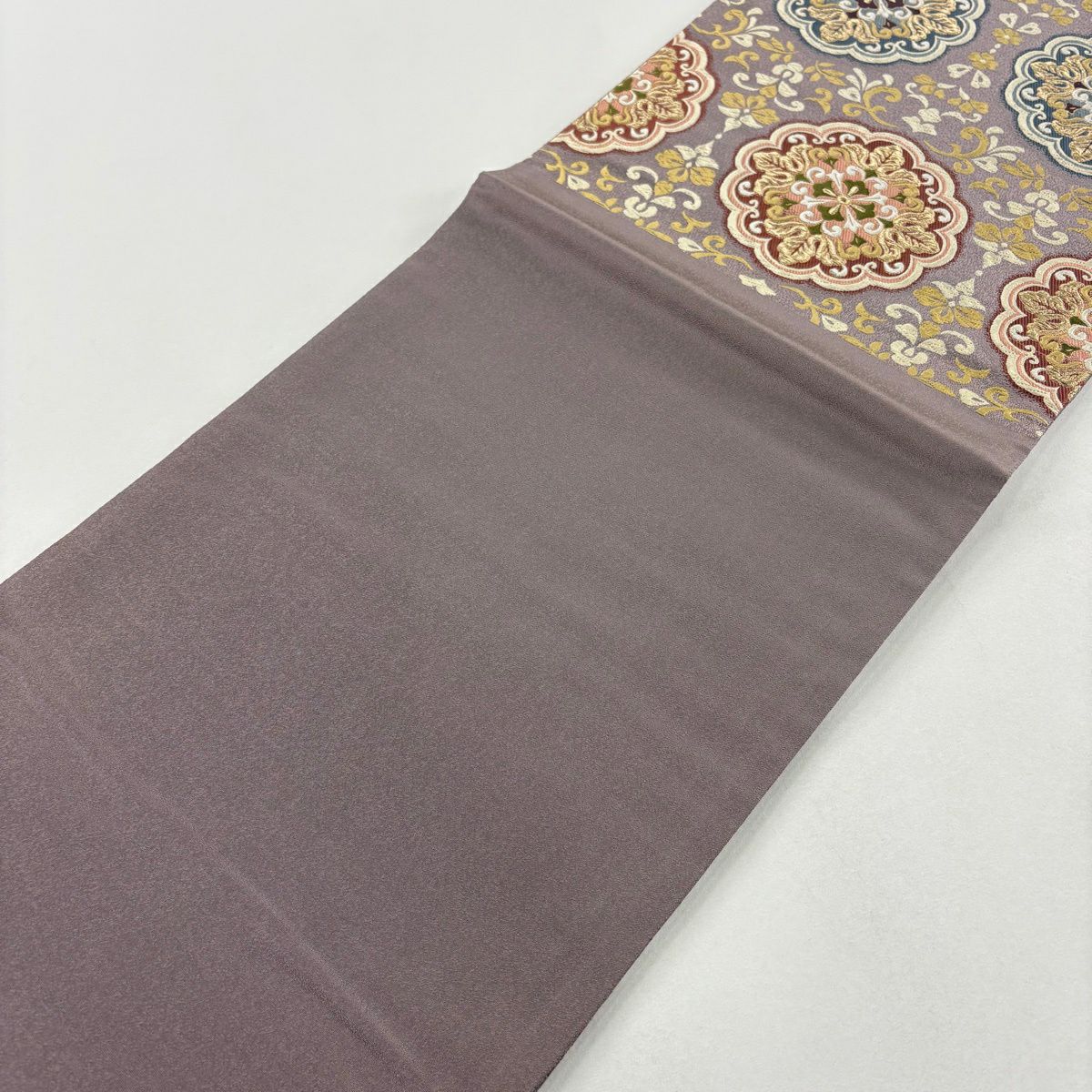 【美品】 袋帶 名品級 華紋 金絲 淺紫 六通 純蠶絲