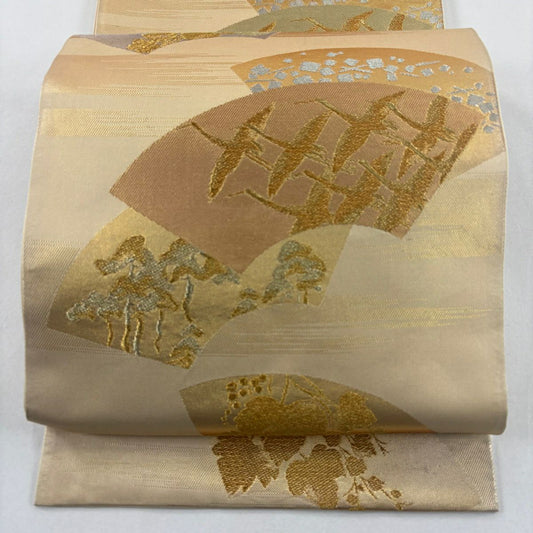 【美品】 袋帶 名品級 扇子面 仙鶴 金銀彩 金色 六通 純蠶絲