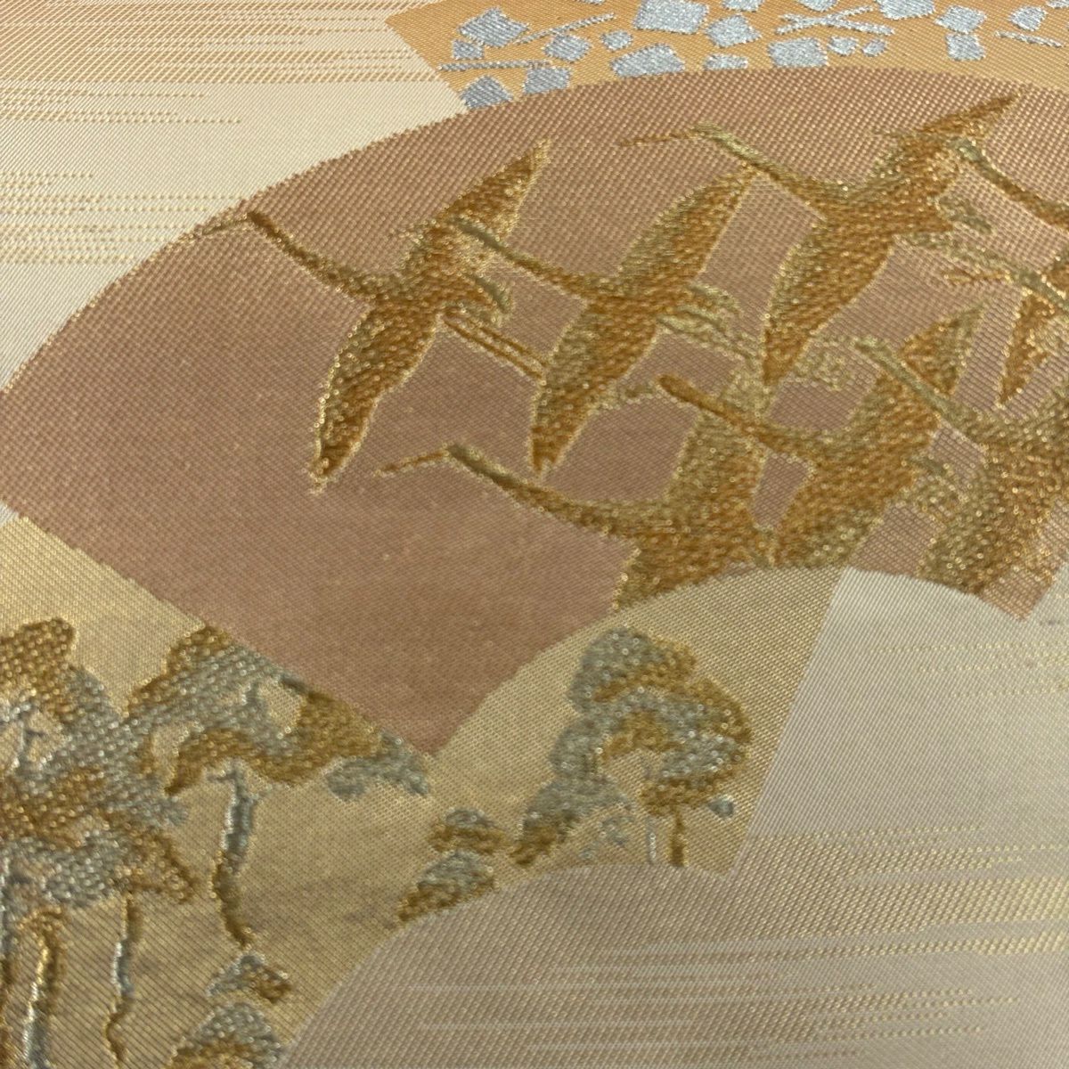 【美品】 袋帶 名品級 扇子面 仙鶴 金銀彩 金色 六通 純蠶絲