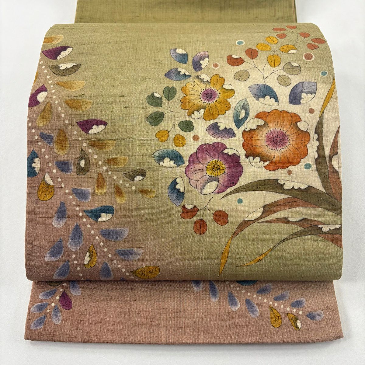 【美品】 袋帶 名品級 附落款 紬織織 辻花染圖案 漸層 茶綠 お太鼓圖案 純蠶絲