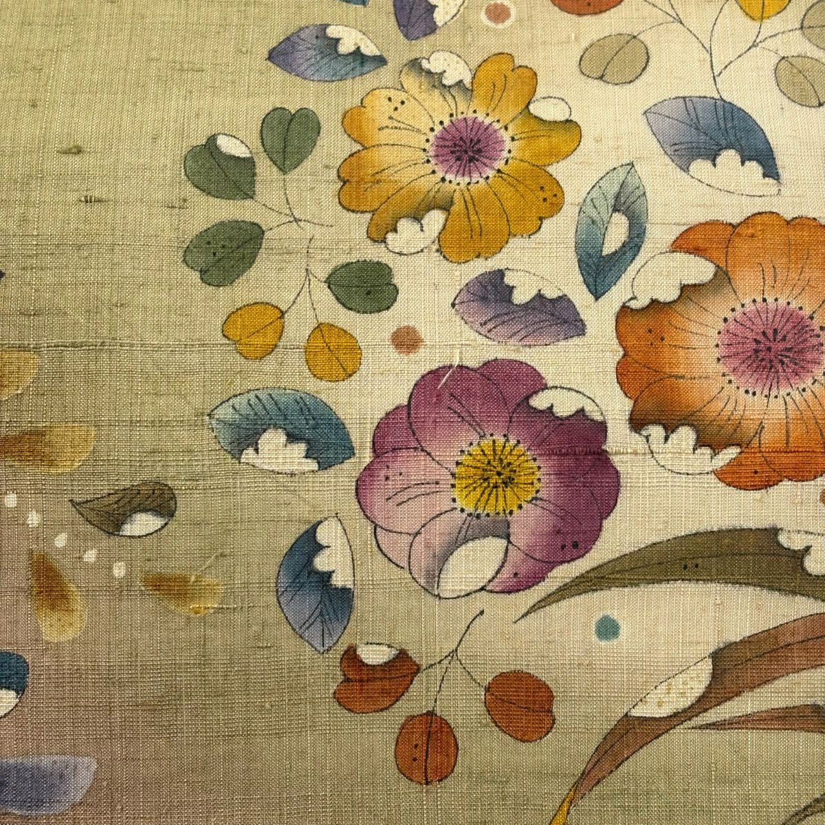 【美品】 袋帶 名品級 附落款 紬織織 辻花染圖案 漸層 茶綠 お太鼓圖案 純蠶絲