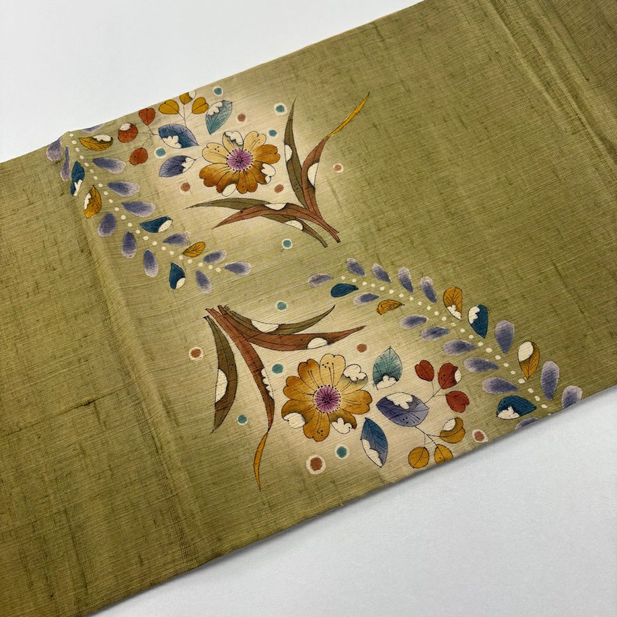 【美品】 袋帶 名品級 附落款 紬織織 辻花染圖案 漸層 茶綠 お太鼓圖案 純蠶絲