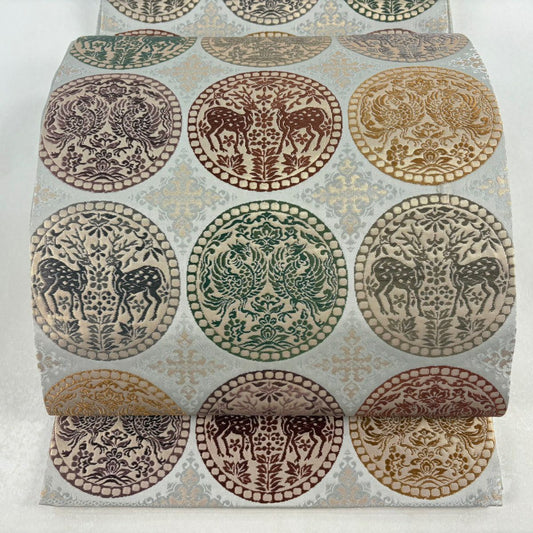【美品】 袋帶 名品級 動物 鳳凰 金金箔 灰色 全通 純蠶絲