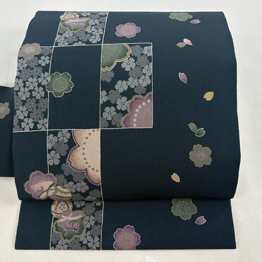【美品】名古屋帶 名品級 櫻花 手毬 金銀彩 深綠 純蠶絲