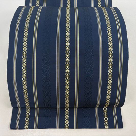 【美品】 名古屋帶 名品級 八寸名古屋帶 献上圖案 條紋 深藍 純蠶絲