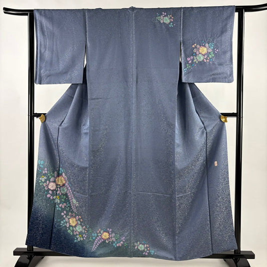 【美品】 付下 身長159.5cm 袖長62cm S 雙層 徳永正峰 落款あり 辻花染 銀通し 漸層 青紫 純蠶絲 名品級