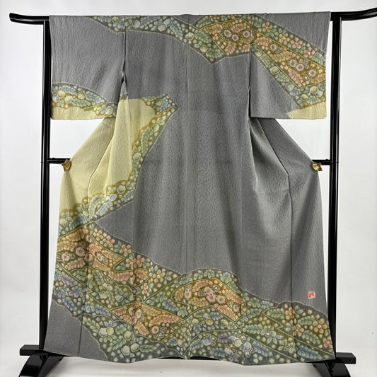 訪問服 身長158cm 袖長62.5cm S 雙層 落款あり 辻花染 絞染 漸層 灰色 純蠶絲 名品級