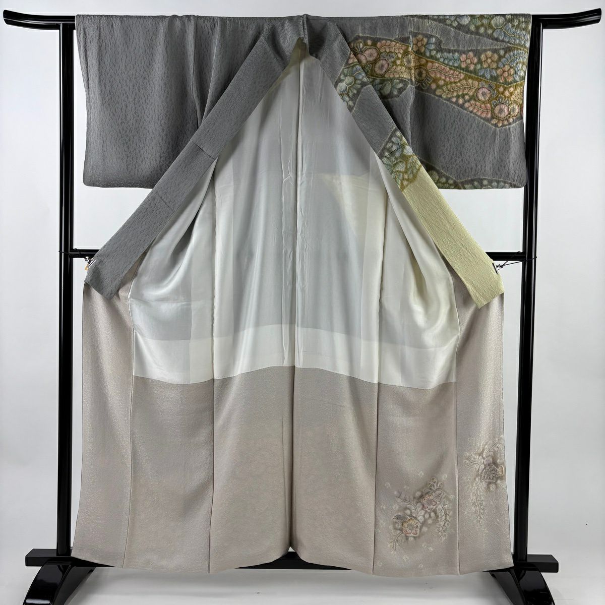 訪問服 身長158cm 袖長62.5cm S 雙層 落款あり 辻花染 絞染 漸層 灰色 純蠶絲 名品級