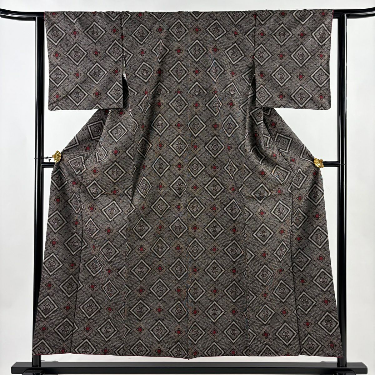 大島紬織 身長154.5cm 袖長62.5cm S 雙層 菱花 焦茶 純蠶絲 名品級