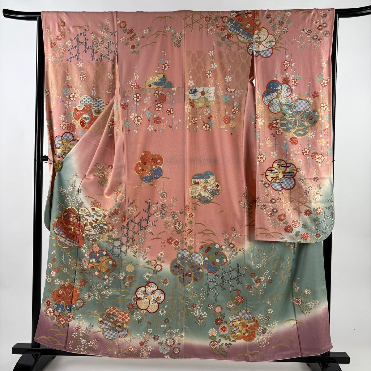振袖禮服 身長158.5cm 袖長64cm M 雙層 旋梅花 花鳥 金絲 金銀彩 鮭粉色 純蠶絲 名品級