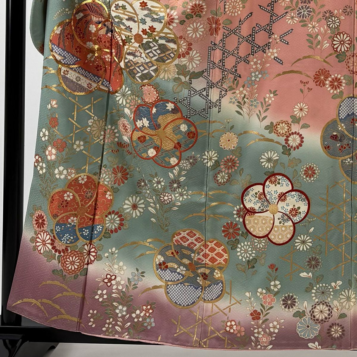 振袖禮服 身長158.5cm 袖長64cm M 雙層 旋梅花 花鳥 金絲 金銀彩 鮭粉色 純蠶絲 名品級