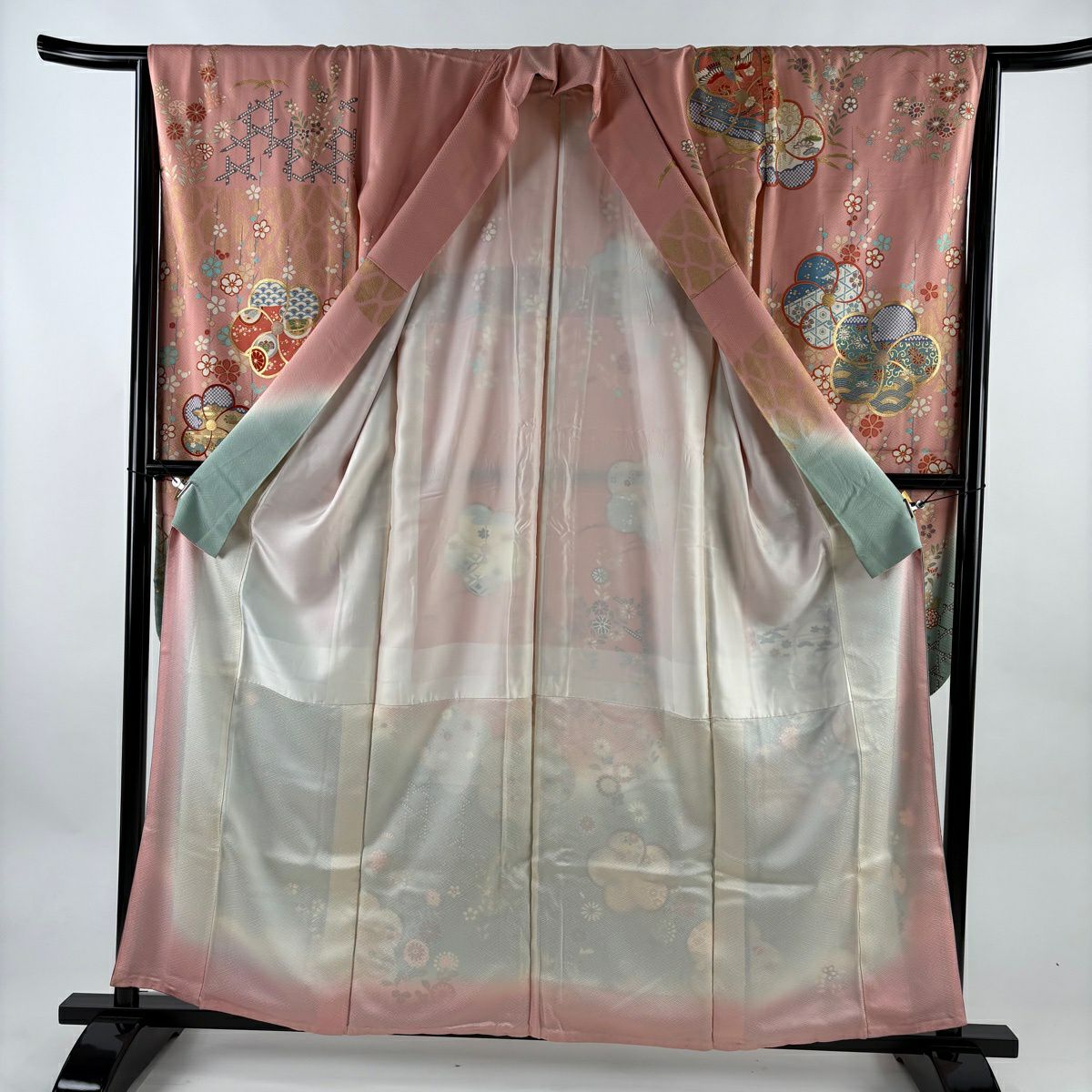 振袖禮服 身長158.5cm 袖長64cm M 雙層 旋梅花 花鳥 金絲 金銀彩 鮭粉色 純蠶絲 名品級