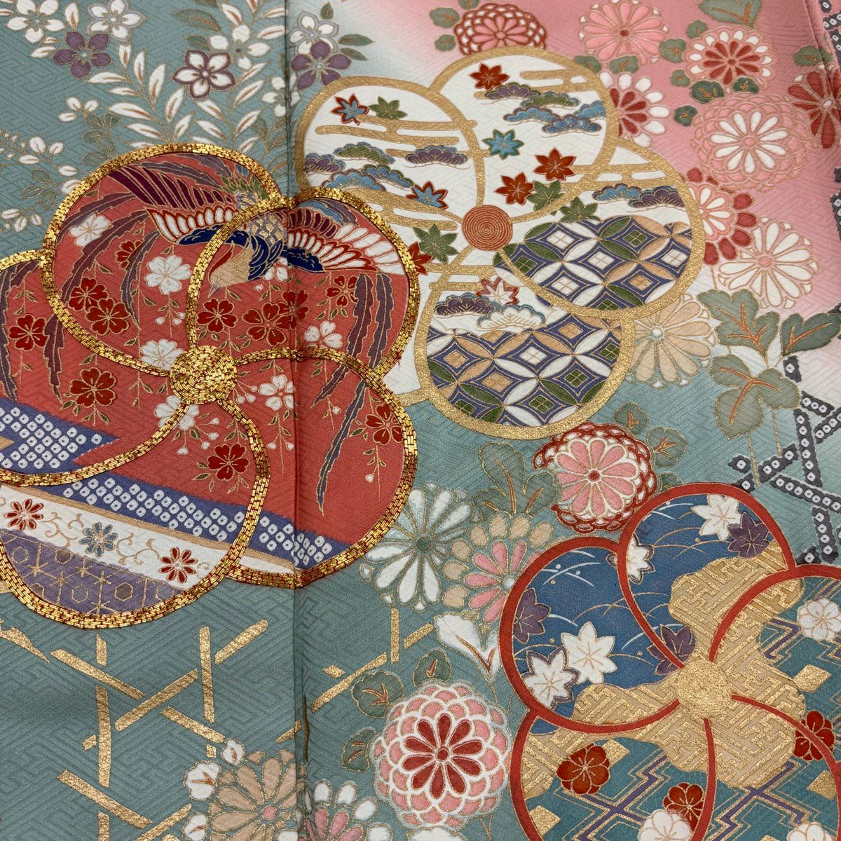 振袖禮服 身長158.5cm 袖長64cm M 雙層 旋梅花 花鳥 金絲 金銀彩 鮭粉色 純蠶絲 名品級