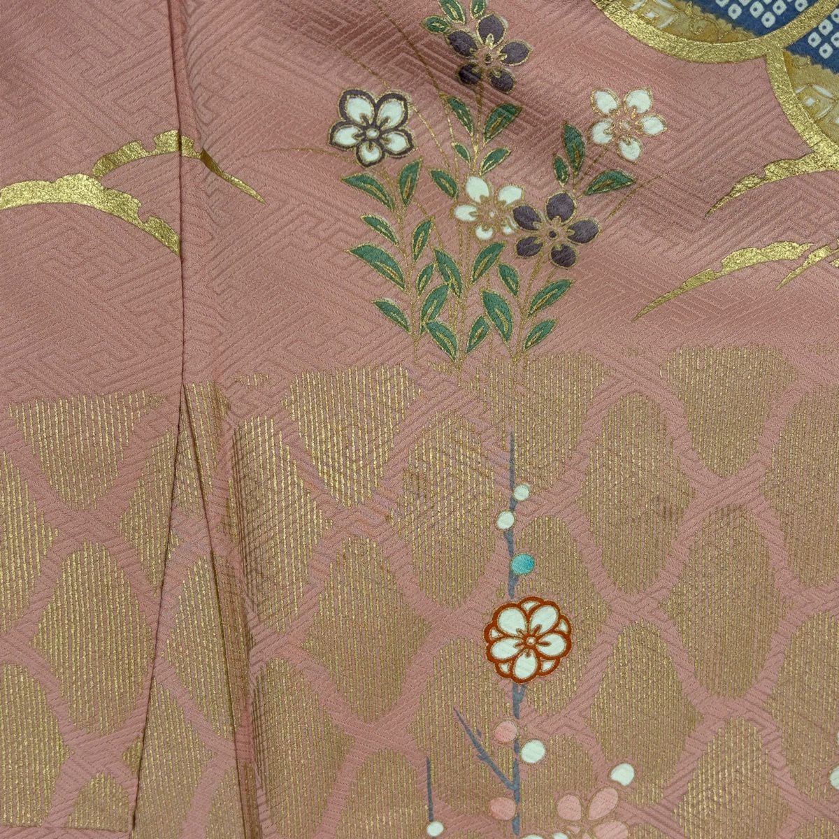 振袖禮服 身長158.5cm 袖長64cm M 雙層 旋梅花 花鳥 金絲 金銀彩 鮭粉色 純蠶絲 名品級