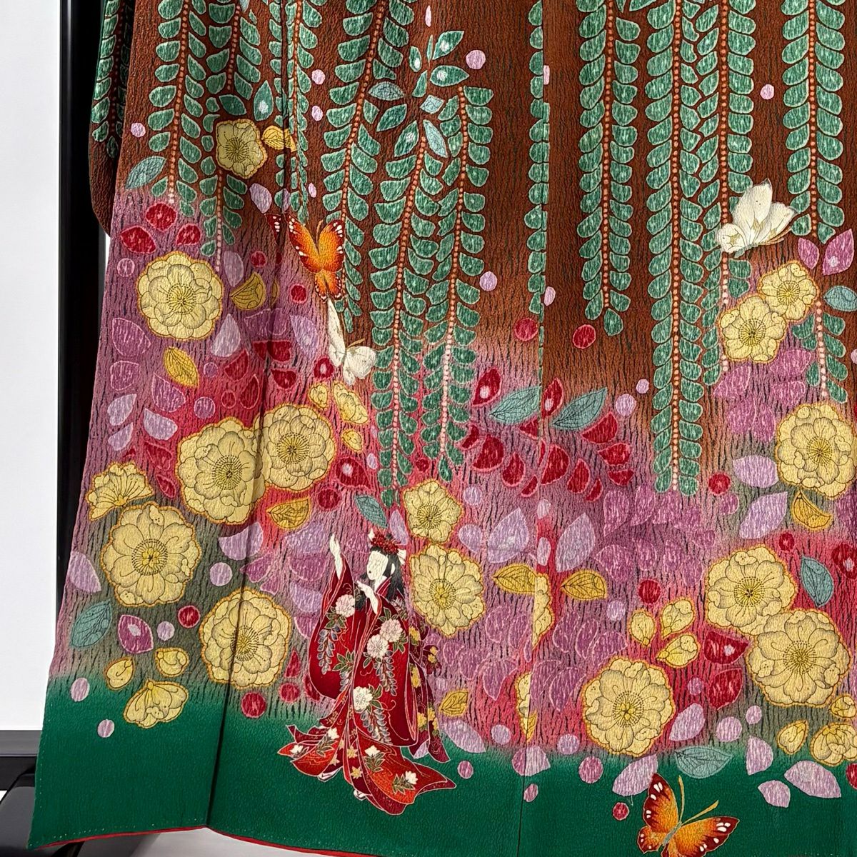 振袖禮服 身長164.5cm 袖長67.5cm L 雙層 蝶 人物 金銀彩 漸層 綠 純蠶絲 名品級
