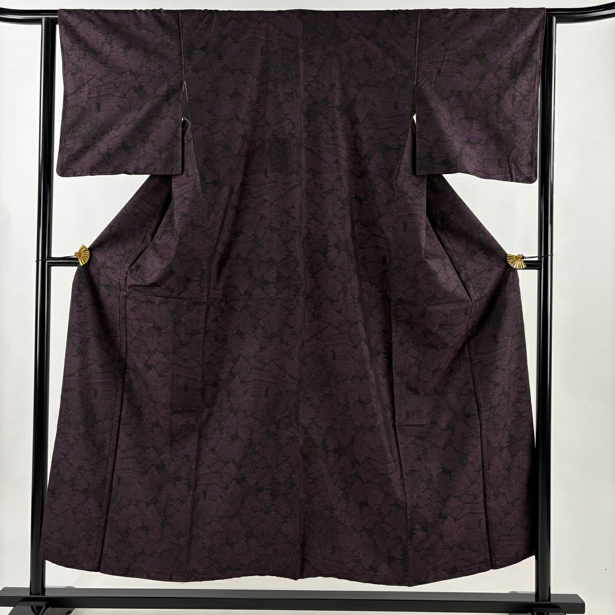 【美品】 大島紬織 身長153cm 袖長63cm S 雙層 建物 樹木 濃紫 純蠶絲 名品級