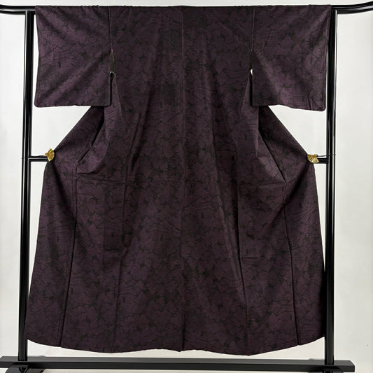 【美品】 大島紬織 身長153cm 袖長63cm S 雙層 建物 樹木 濃紫 純蠶絲 名品級