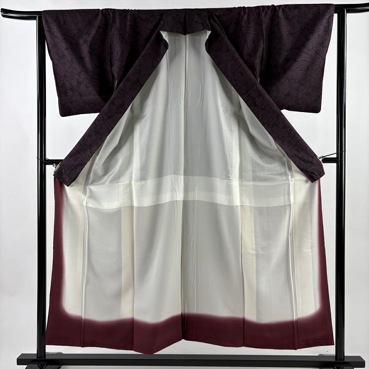 【美品】 大島紬織 身長153cm 袖長63cm S 雙層 建物 樹木 濃紫 純蠶絲 名品級
