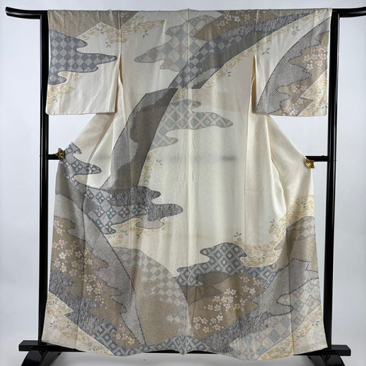 訪問服 身長159cm 袖長63cm S 雙層 枝梅花 霞 金銀彩 絞染 奶油色 純蠶絲 名品級