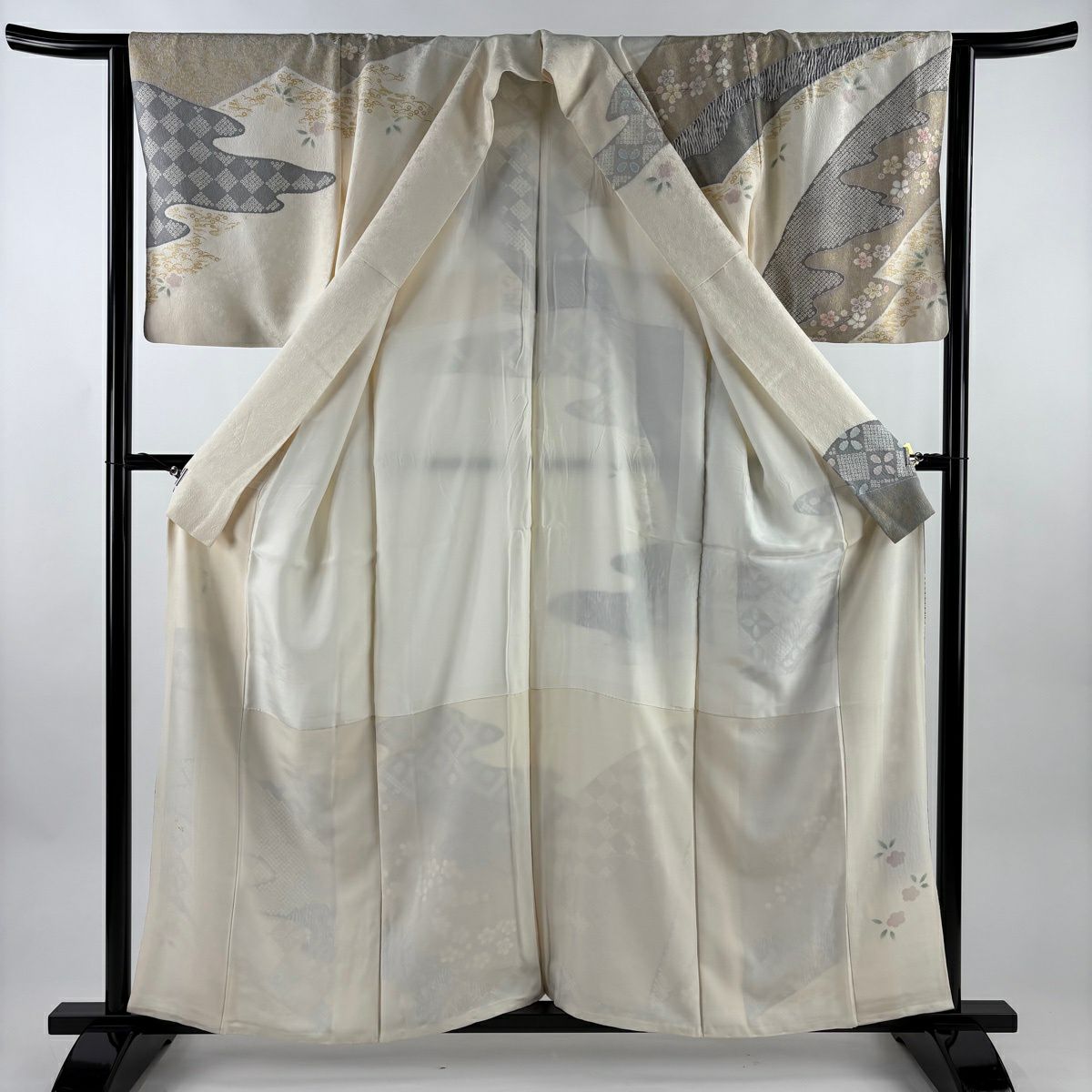 訪問服 身長159cm 袖長63cm S 雙層 枝梅花 霞 金銀彩 絞染 奶油色 純蠶絲 名品級