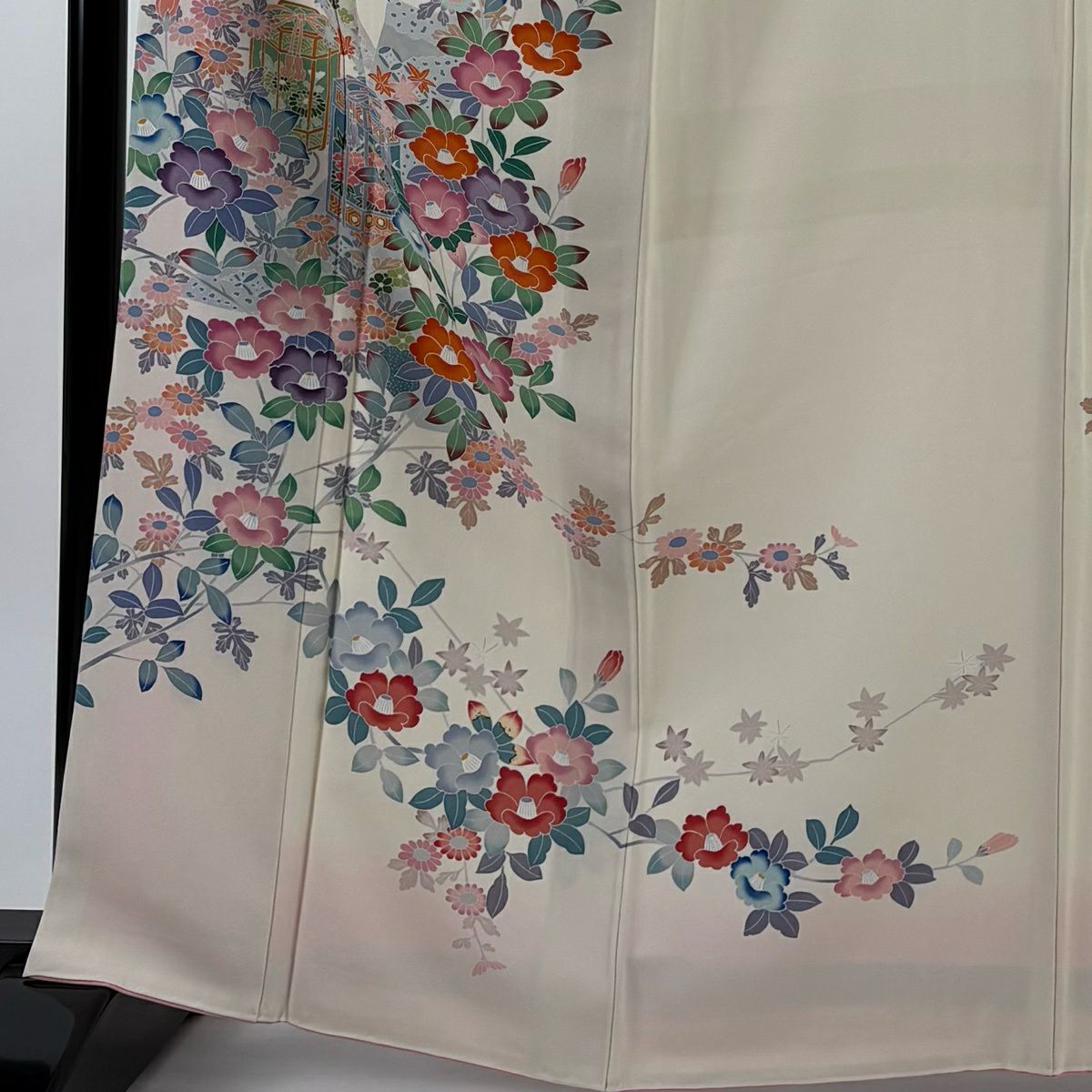 付下 身長163.5cm 袖長67cm M 雙層 落款有 貝桶 椿 奶油色 純蠶絲 名品級