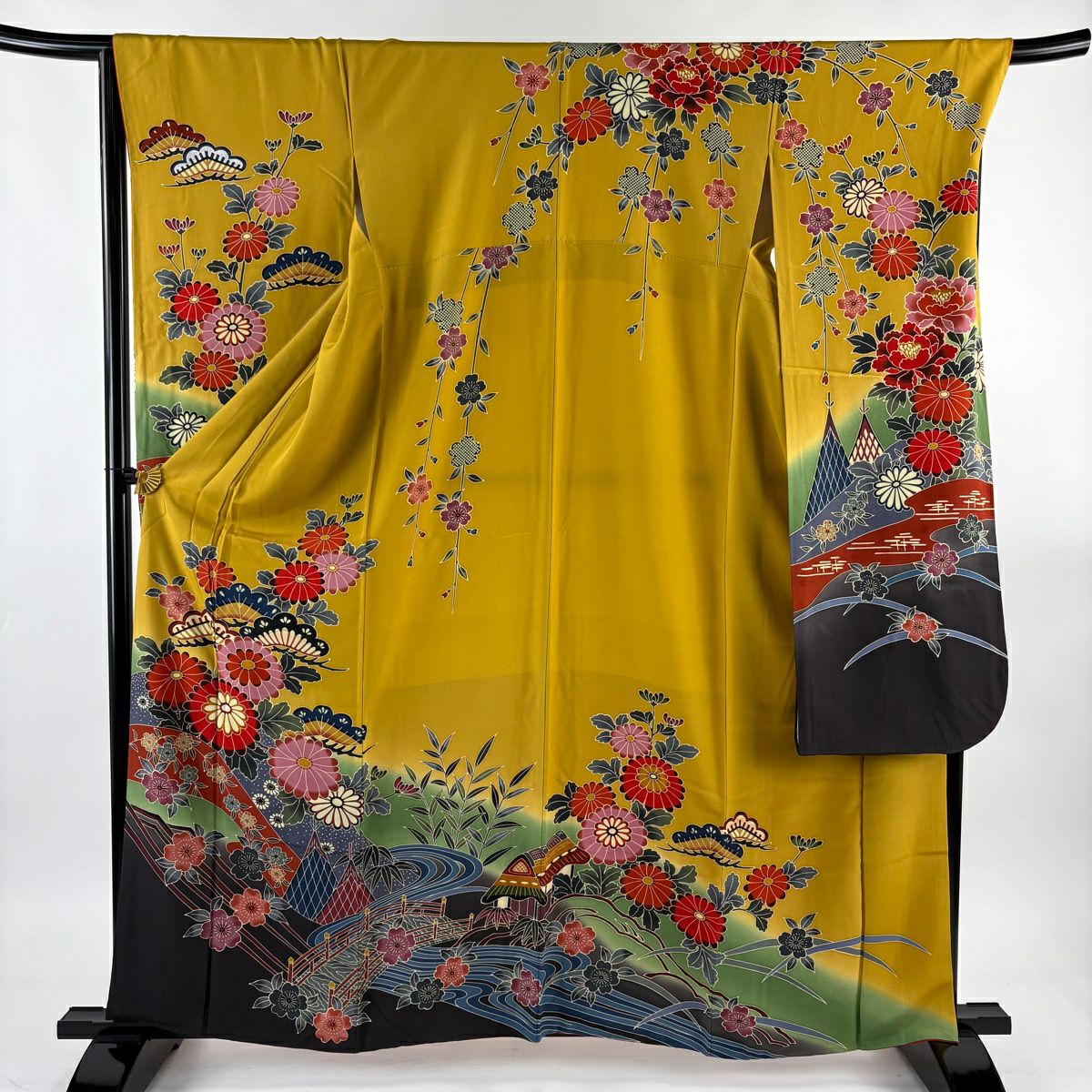 振袖禮服 身長161.5cm 袖長68cm L 雙層 落款 菊花 笠松樹 染分 ぼかし 黃土 純蠶絲 名品級