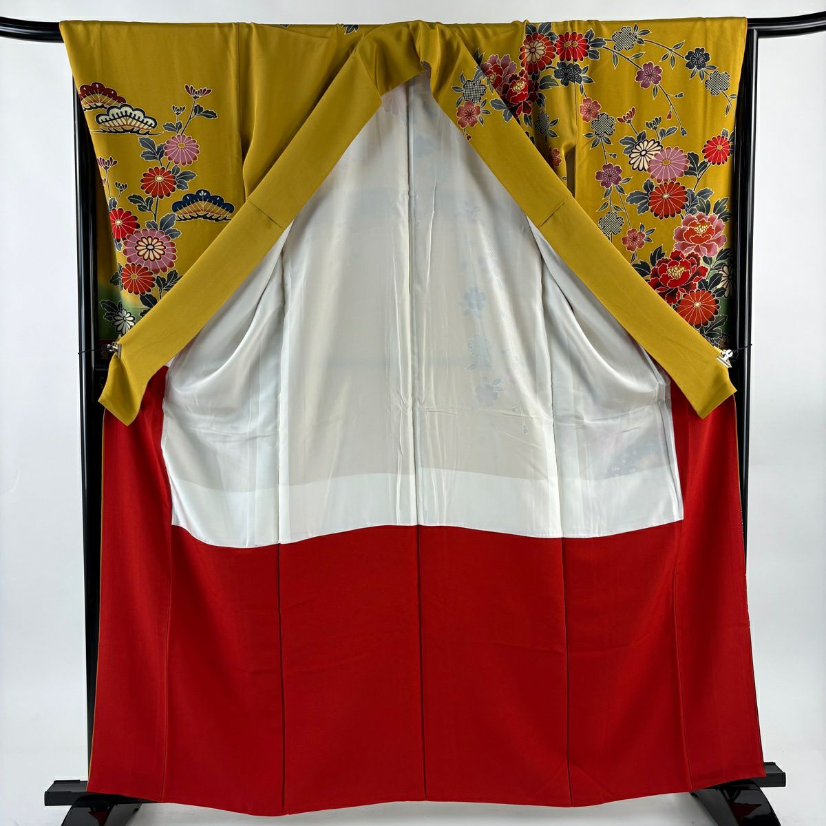 振袖禮服 身長161.5cm 袖長68cm L 雙層 落款 菊花 笠松樹 染分 ぼかし 黃土 純蠶絲 名品級