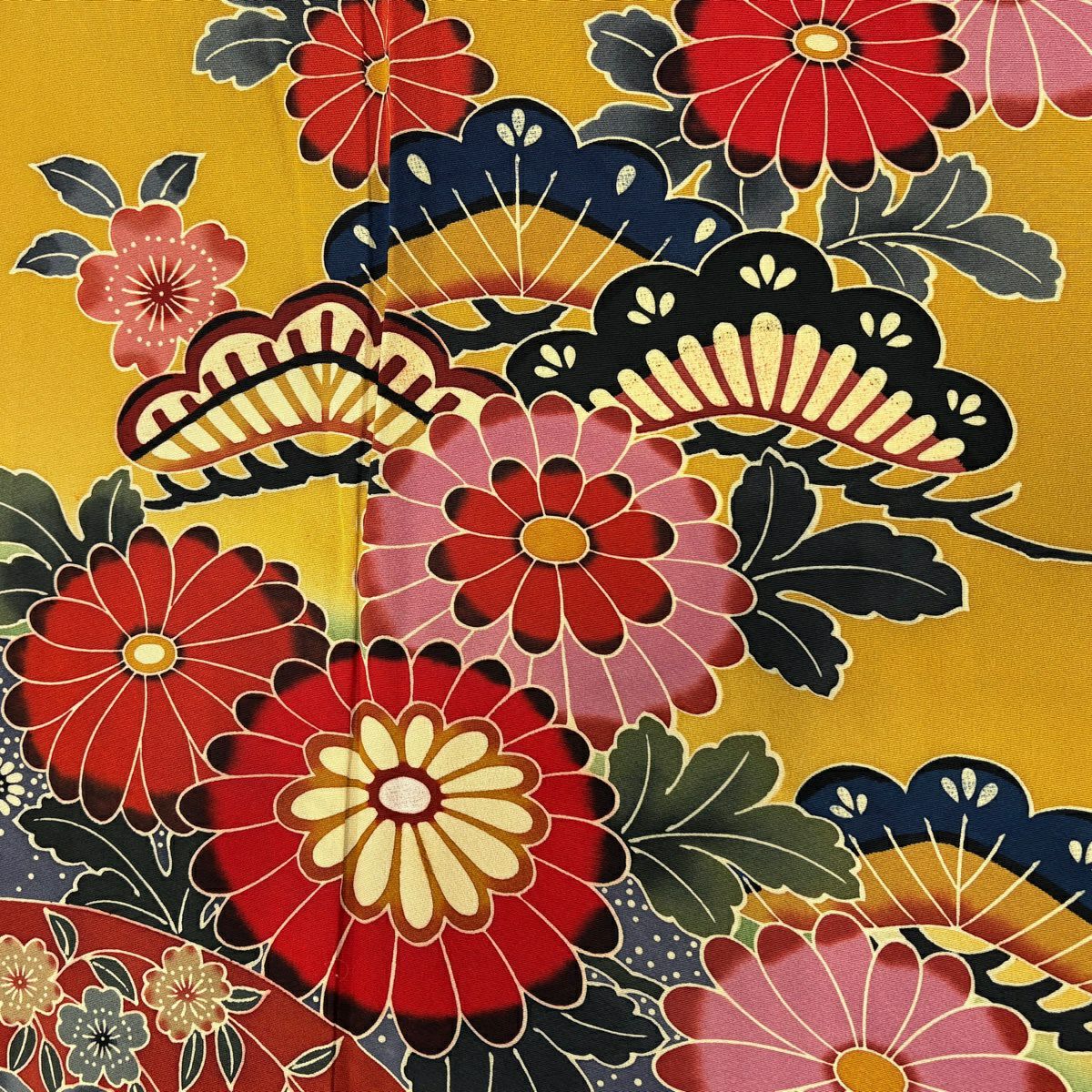 振袖禮服 身長161.5cm 袖長68cm L 雙層 落款 菊花 笠松樹 染分 ぼかし 黃土 純蠶絲 名品級