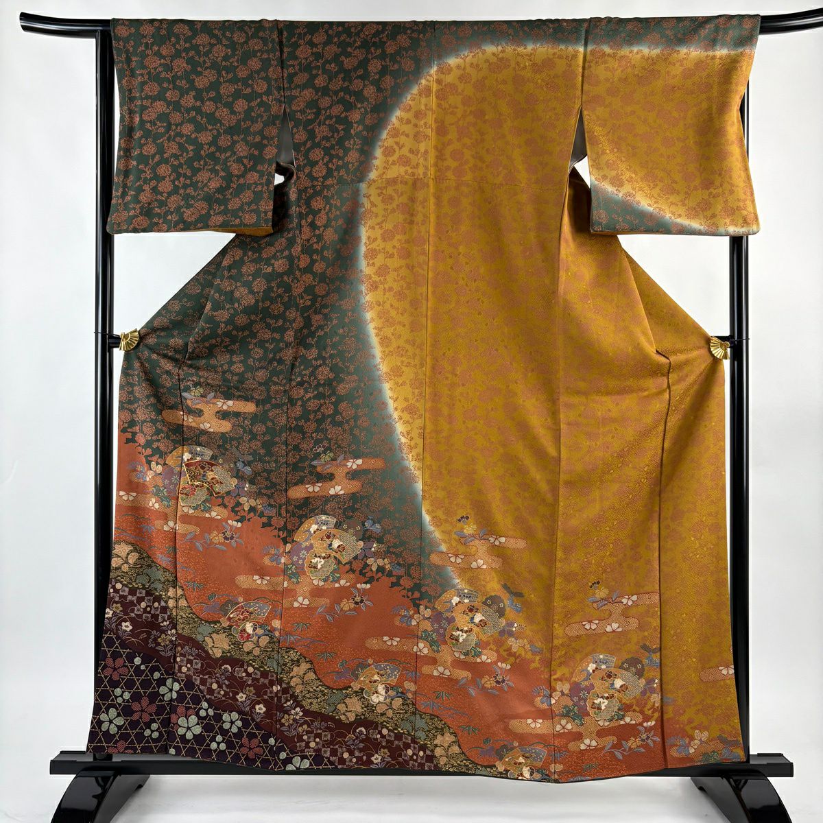 訪問服 身長160.5cm 袖長66cm M 雙層 扇子面 草花紋紋 金糸刺繡 深綠 純蠶絲 名品級