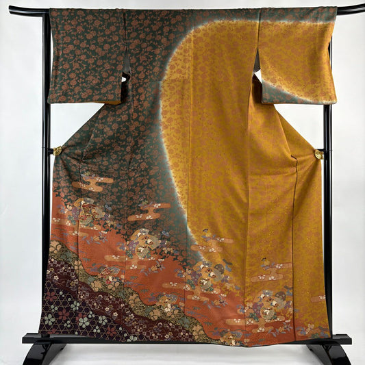 訪問服 身長160.5cm 袖長66cm M 雙層 扇子面 草花紋紋 金糸刺繡 深綠 純蠶絲 名品級
