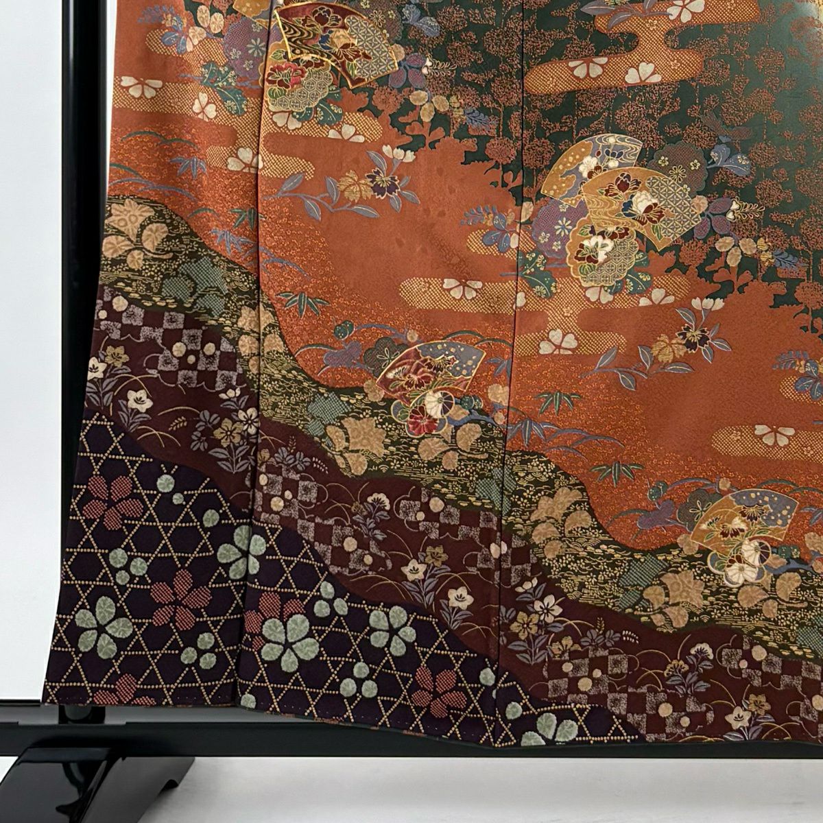 訪問服 身長160.5cm 袖長66cm M 雙層 扇子面 草花紋紋 金糸刺繡 深綠 純蠶絲 名品級