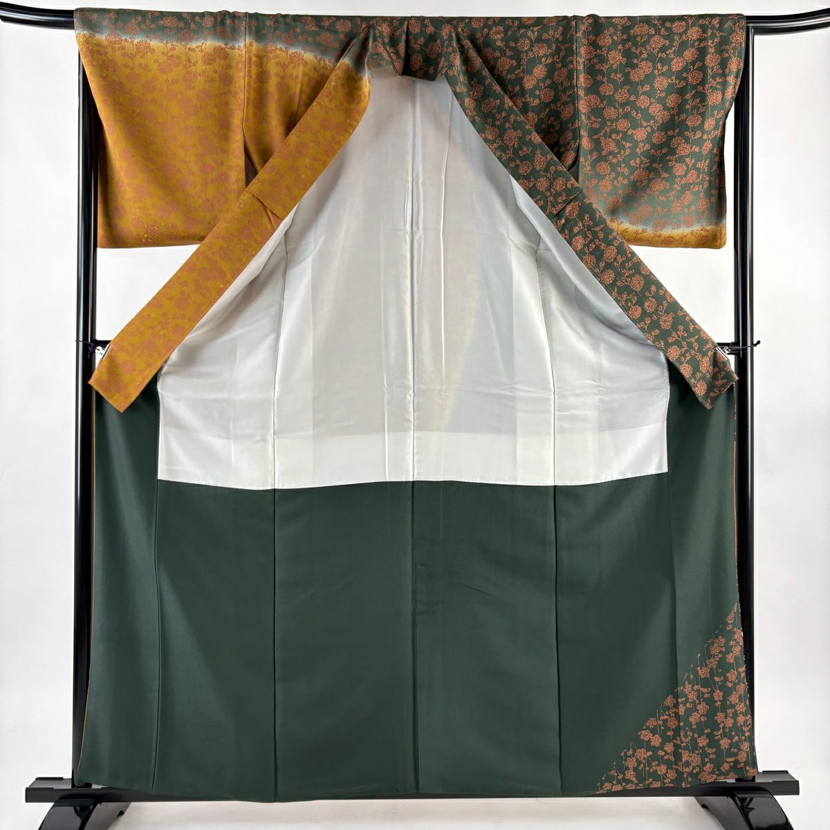 訪問服 身長160.5cm 袖長66cm M 雙層 扇子面 草花紋紋 金糸刺繡 深綠 純蠶絲 名品級