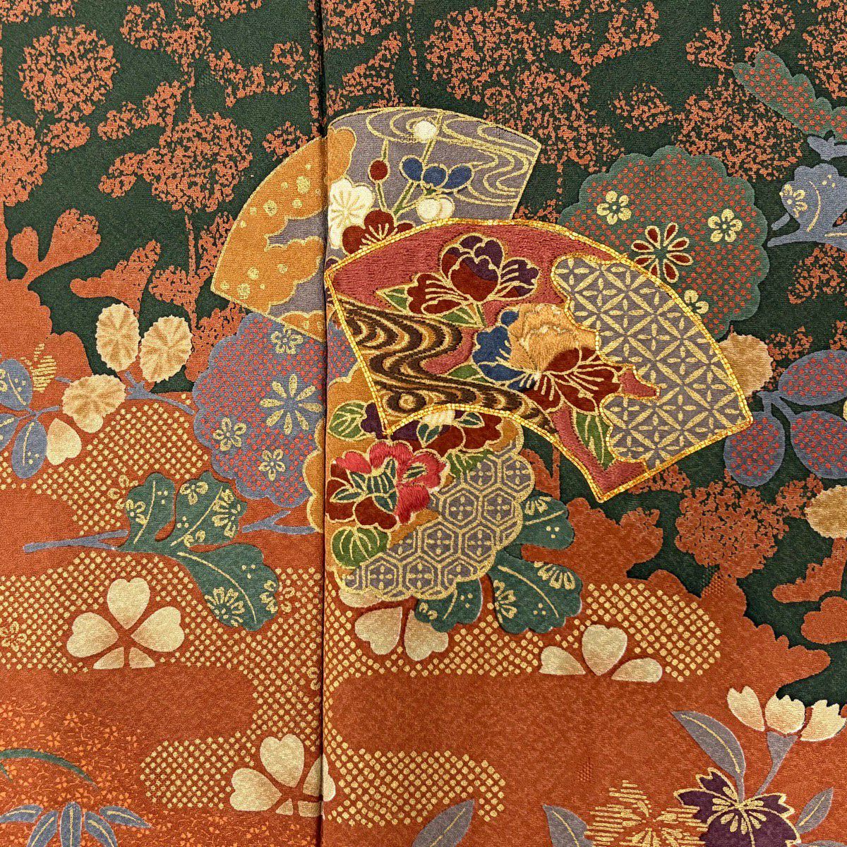 訪問服 身長160.5cm 袖長66cm M 雙層 扇子面 草花紋紋 金糸刺繡 深綠 純蠶絲 名品級