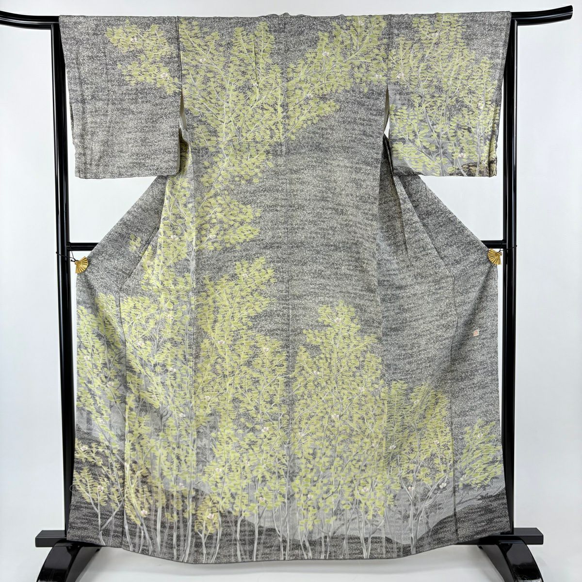 訪問服 身長162cm 袖長65.5cm M 雙層 落款あり 樹木 花 黑灰 純蠶絲 名品級