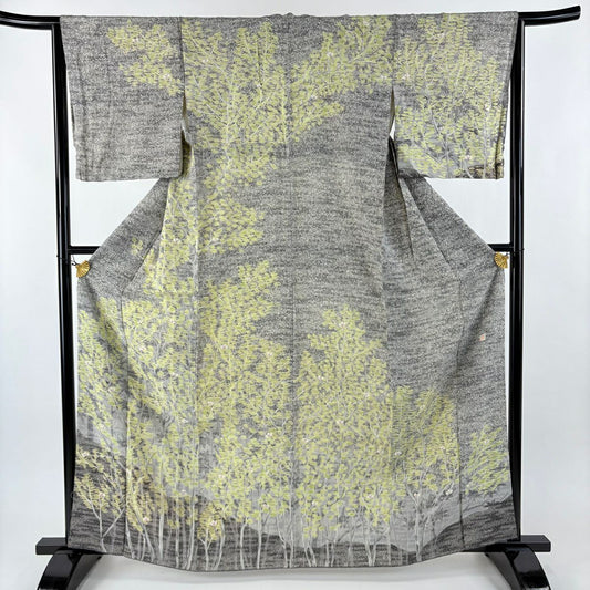 訪問服 身長162cm 袖長65.5cm M 雙層 落款あり 樹木 花 黑灰 純蠶絲 名品級