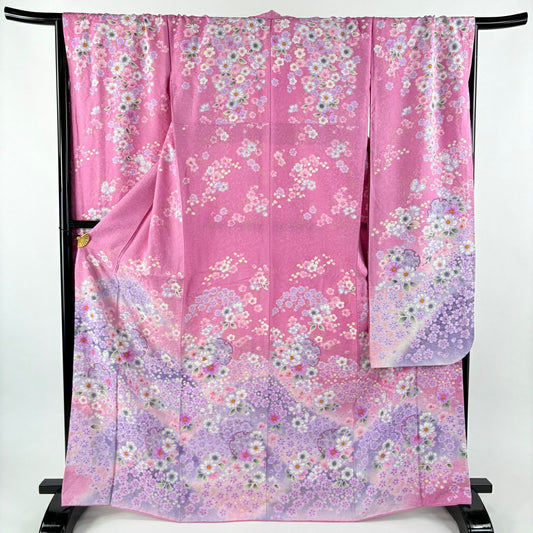 【美品】振袖禮服 身長168.5cm 袖長70cm L 雙層 雪輪 草花紋 金通 金銀彩 粉紅 純蠶絲 名品級