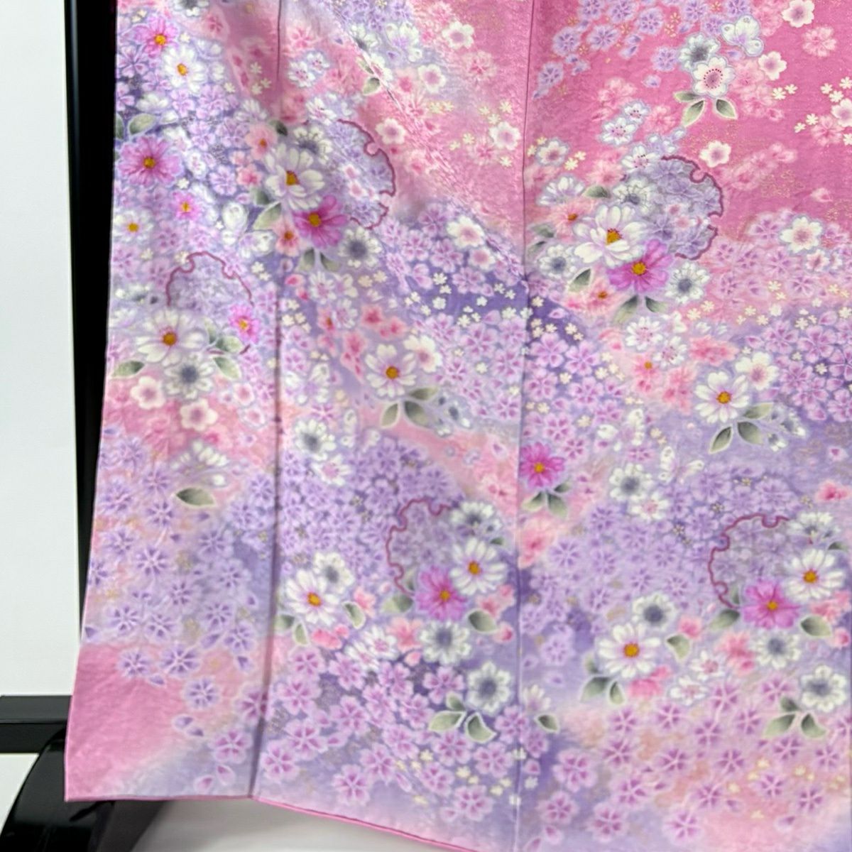 【美品】振袖禮服 身長168.5cm 袖長70cm L 雙層 雪輪 草花紋 金通 金銀彩 粉紅 純蠶絲 名品級