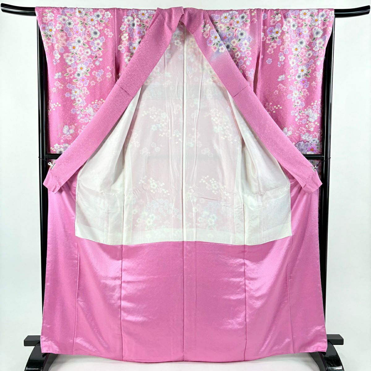 【美品】振袖禮服 身長168.5cm 袖長70cm L 雙層 雪輪 草花紋 金通 金銀彩 粉紅 純蠶絲 名品級