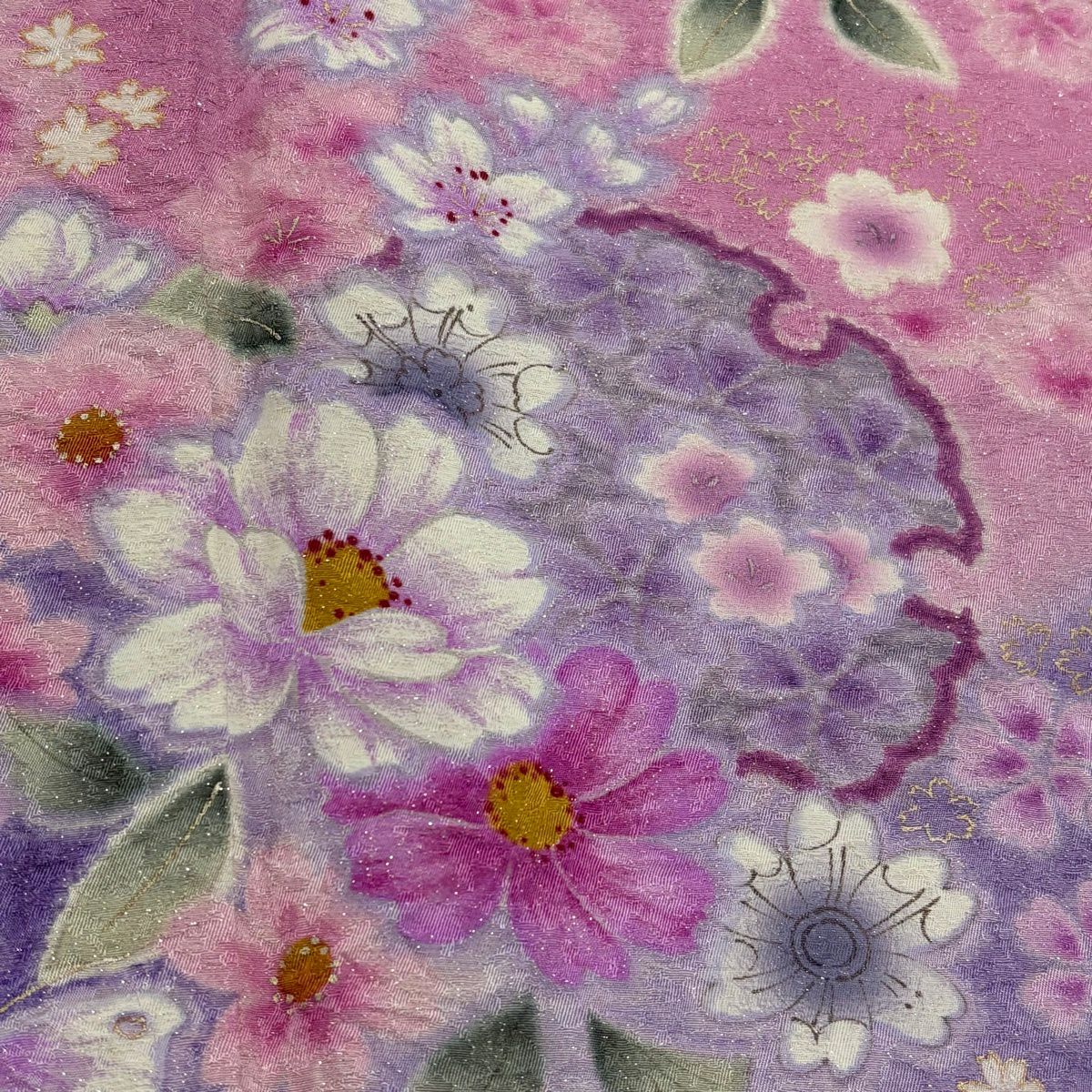 【美品】振袖禮服 身長168.5cm 袖長70cm L 雙層 雪輪 草花紋 金通 金銀彩 粉紅 純蠶絲 名品級