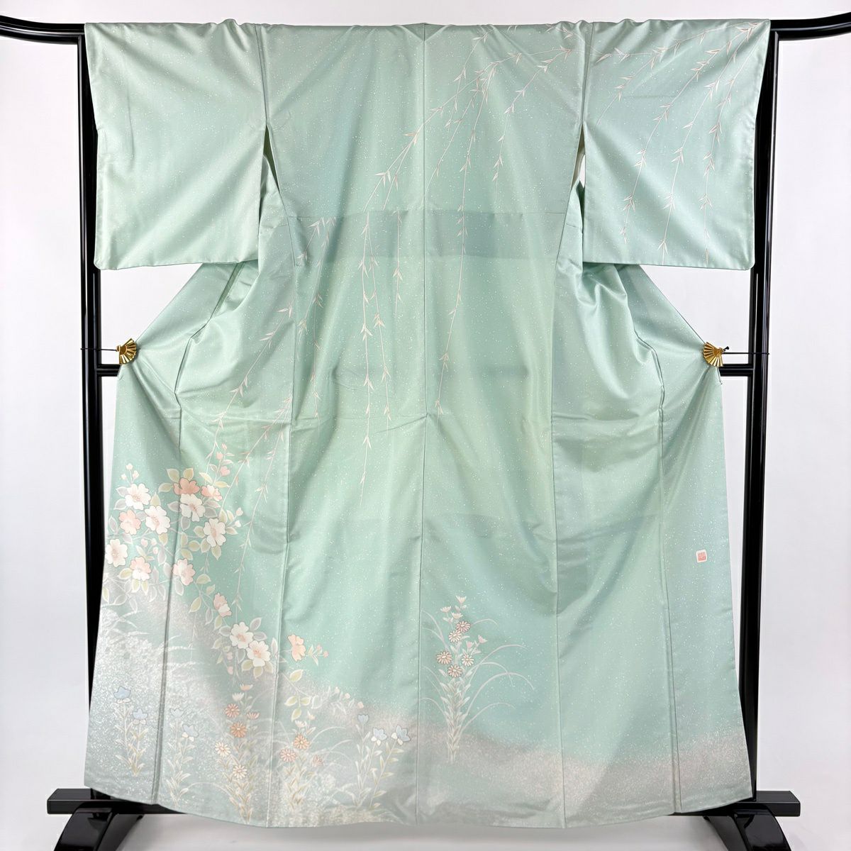 訪問服 身長161.5cm 袖長66cm M 雙層 紬織織 落款あり 柳 草花紋紋 金彩裝飾 薄綠 純蠶絲 名品級