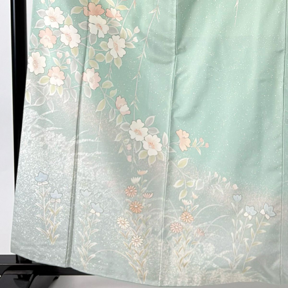 訪問服 身長161.5cm 袖長66cm M 雙層 紬織織 落款あり 柳 草花紋紋 金彩裝飾 薄綠 純蠶絲 名品級