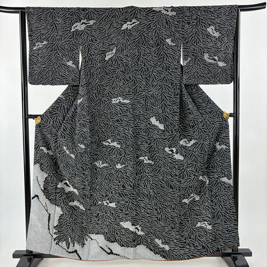 【美品】訪問服 身長160cm 袖長64cm M 雙層 葉柄 總絞染 黑 純蠶絲 名品級