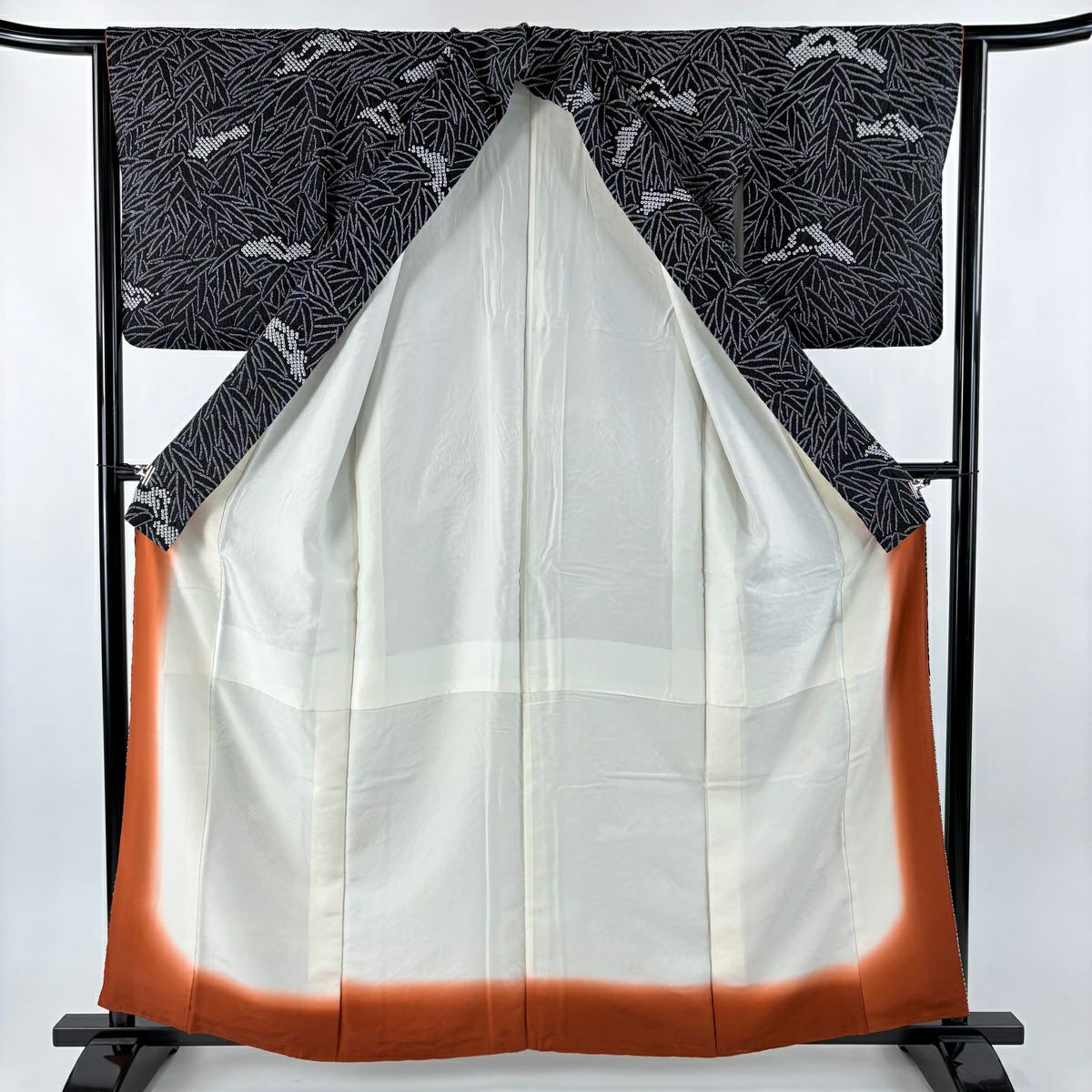 【美品】訪問服 身長160cm 袖長64cm M 雙層 葉柄 總絞染 黑 純蠶絲 名品級