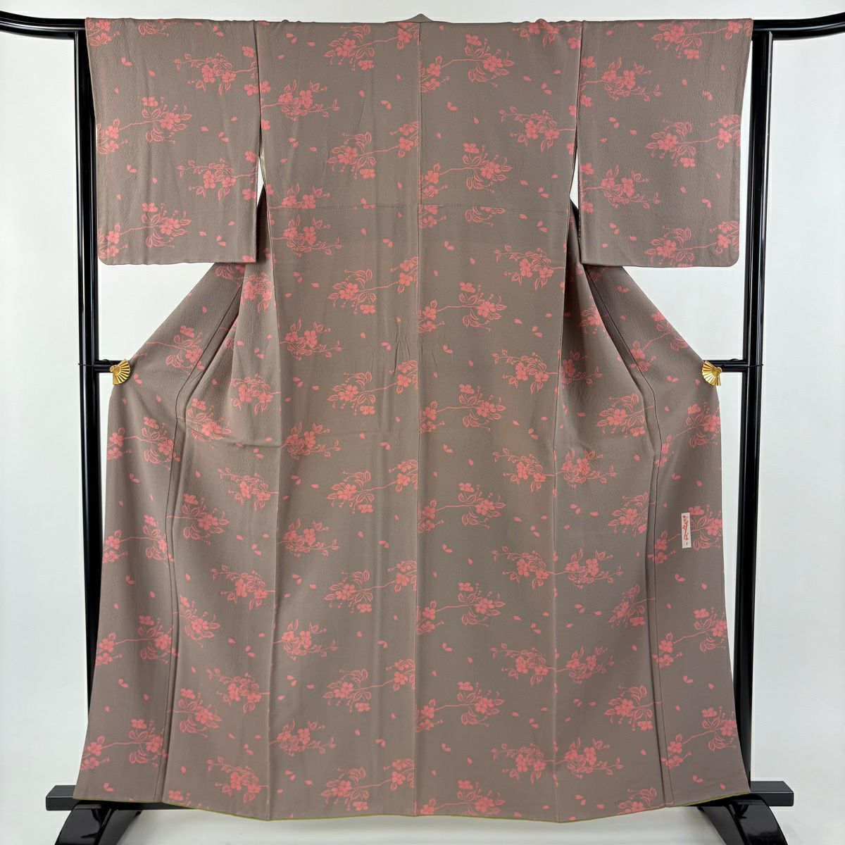 【美品】 小紋 身長160cm 袖長64cm M 雙層 辻村ジュサブロー 落款あり 櫻花 淺豆色 純蠶絲 名品級