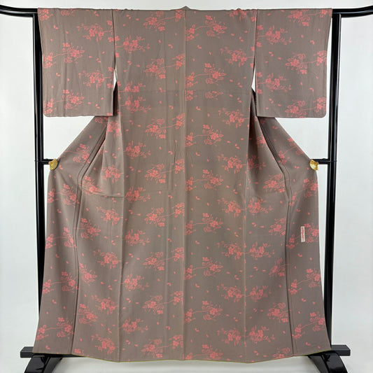 【美品】 小紋 身長160cm 袖長64cm M 雙層 辻村ジュサブロー 落款あり 櫻花 淺豆色 純蠶絲 名品級