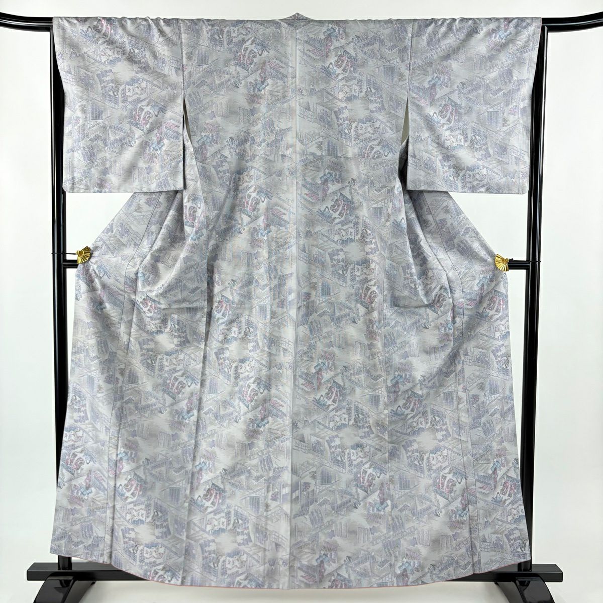 【美品】 大島紬織 身長159.5cm 袖長66cm M 雙層 證書附帶 御所文化 人物 灰紫 純蠶絲 名品級